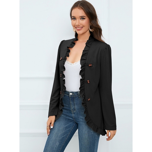 Black Ruffle Trim Blazer - Picture 2 of 10